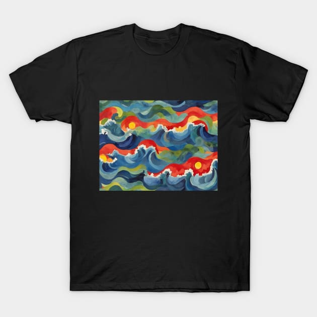 Colorful Sea Landscape With Red Sunset Over Great Blue Waves Painting T-Shirt by ZAZIZU